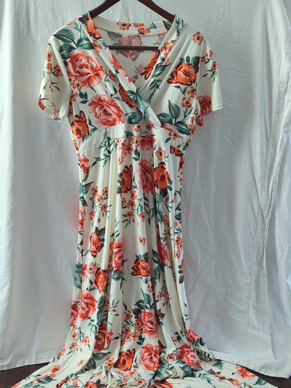 Downeast Basics Floral Maxi Dress Pink Coral Rose Ivory Short Sleeve Size L